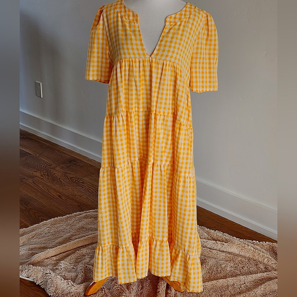 Yellow Gingham Tiered V-Neck Women's Dress